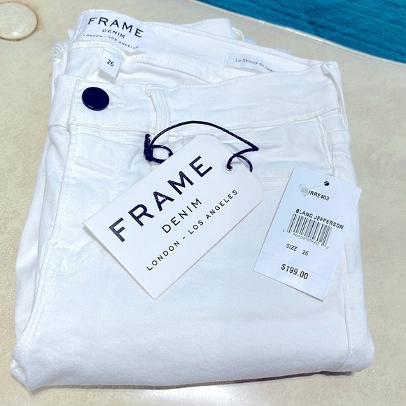 FRAME Denim Le Skinny Jefferson White Distressed Raw Hem Designer Jeans 26 - Picture 2 of 11